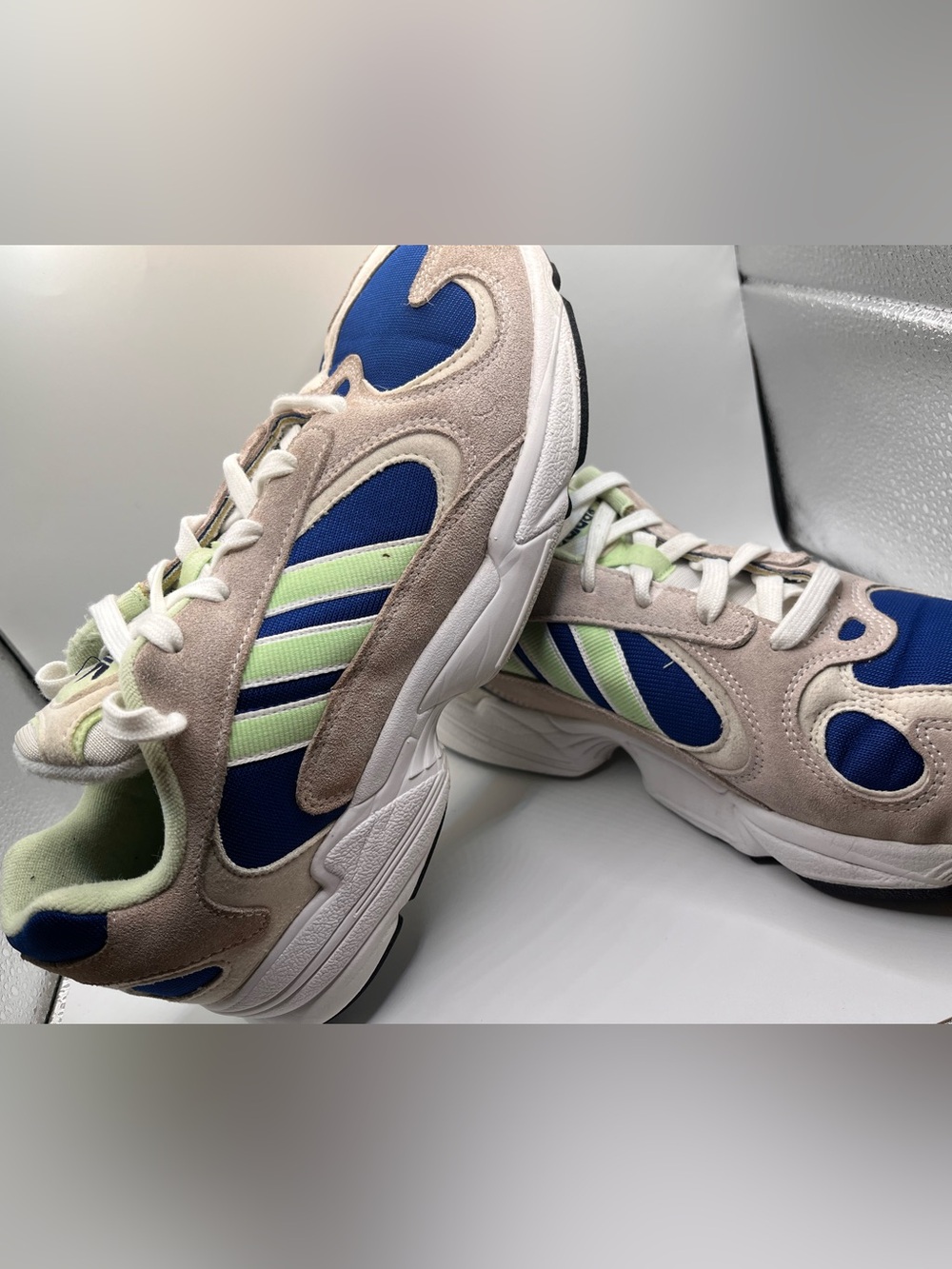 adidasw Men's Blue and Beige Sneakers with Lime Accents US 10